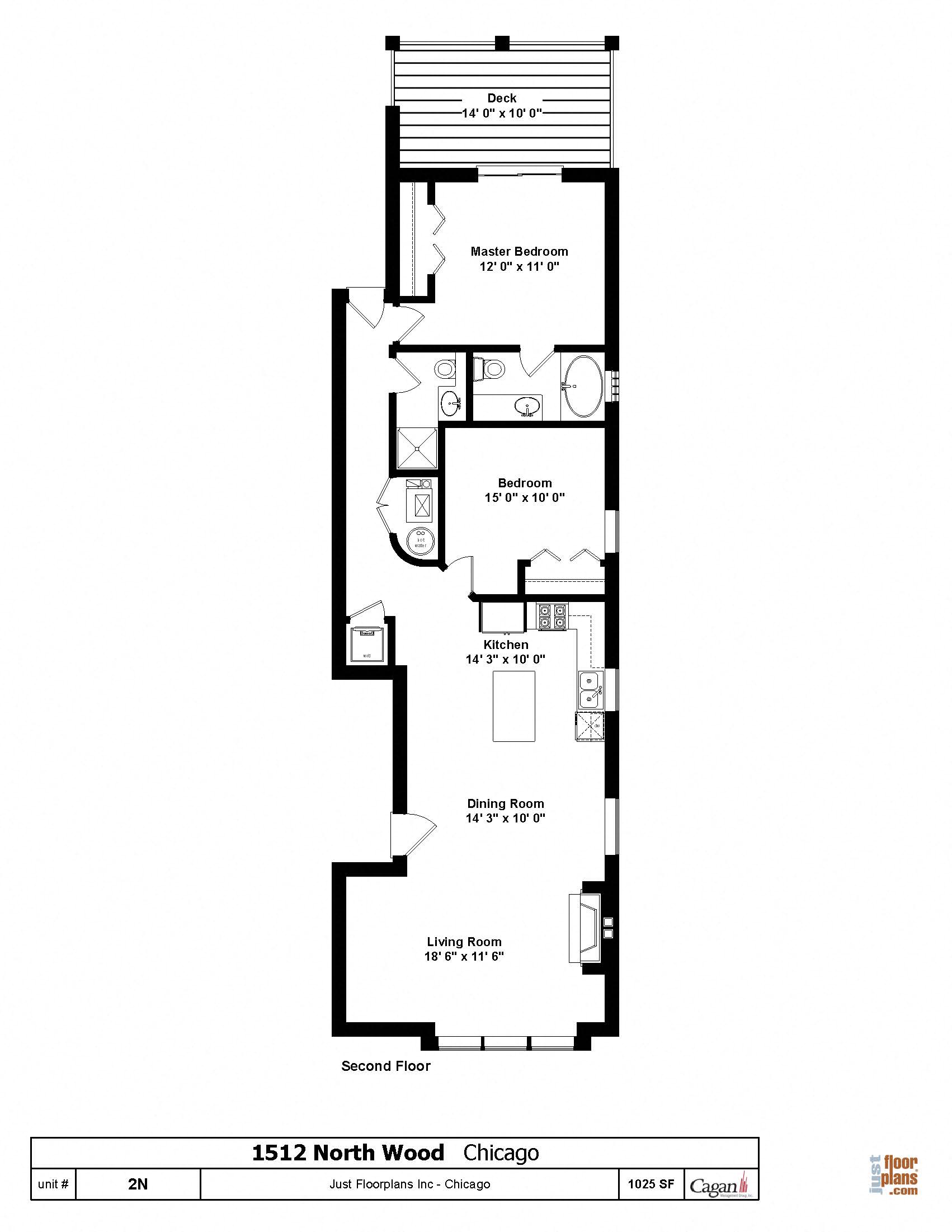 Floor plan for 2 beds, 2 baths, 1025 sqft